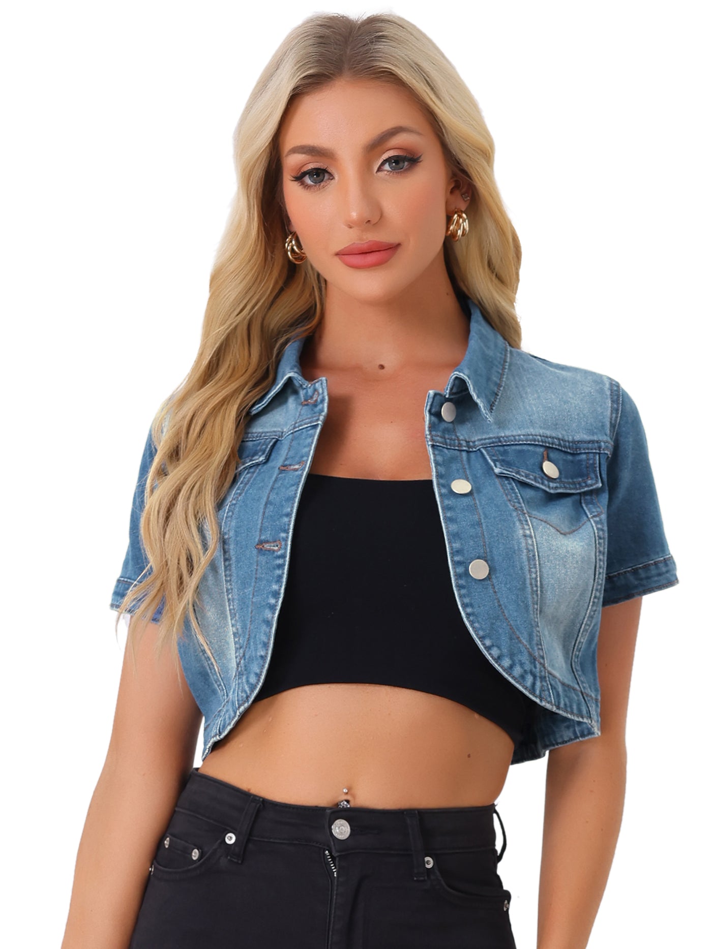 Allegra K Casual Denim Turndown Collar Short Sleeves Crop Jean Jackets