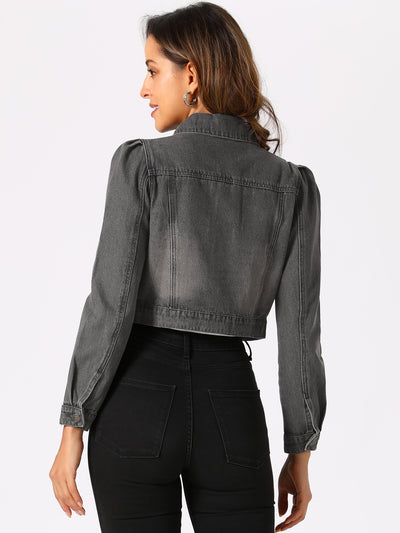 Lightweight Button Down Puff Sleeve Cropped Denim Jacket