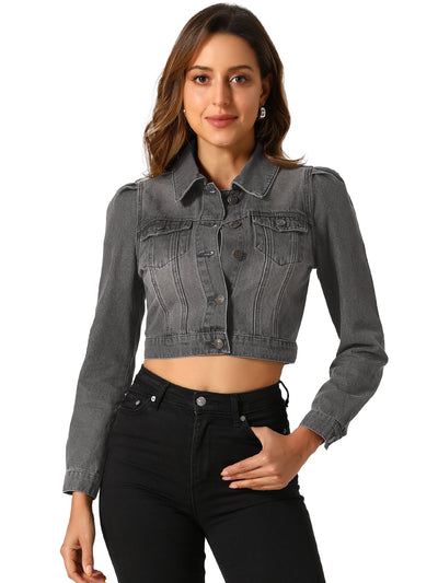 Lightweight Button Down Puff Sleeve Cropped Denim Jacket