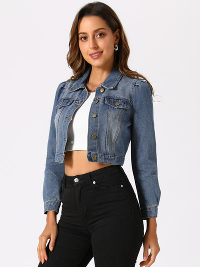 Lightweight Button Down Puff Sleeve Cropped Denim Jacket