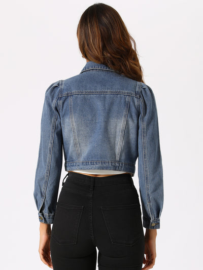 Lightweight Button Down Puff Sleeve Cropped Denim Jacket