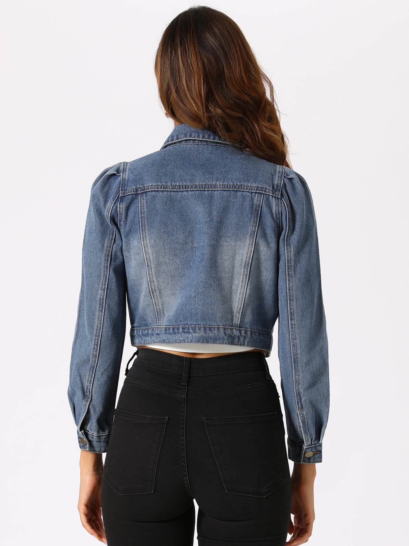 Allegra K Lightweight Button Down Puff Sleeve Cropped Denim Jacket