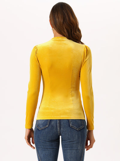 Metallic Velvet Puff Long Sleeve Mock Neck Glitter T-shirt