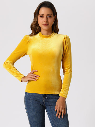 Metallic Velvet Puff Long Sleeve Mock Neck Glitter T-shirt