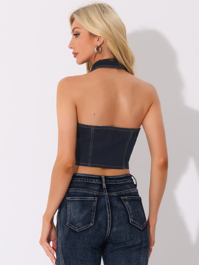 Halter Denim Zipper Up Collared Sleeveless Jean Corset Crop Top