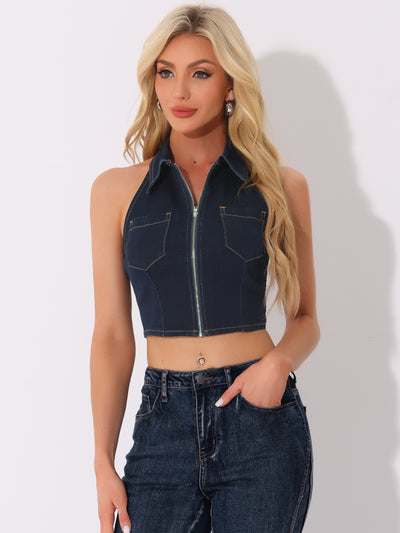 Halter Denim Zipper Up Collared Sleeveless Jean Corset Crop Top