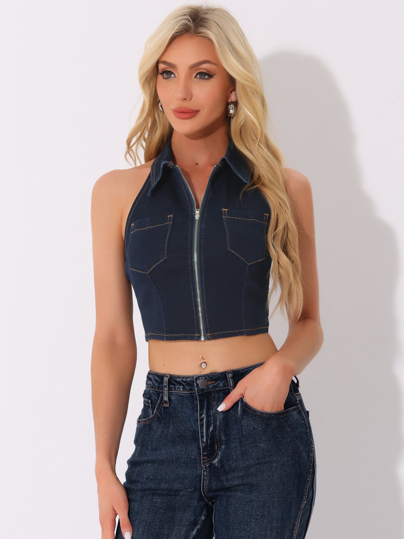 Allegra K Halter Denim Zipper Up Collared Sleeveless Jean Corset Crop Top