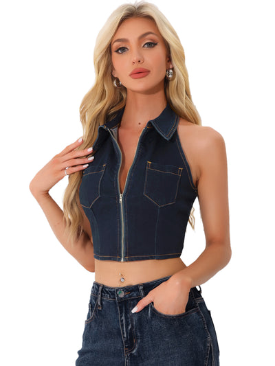 Halter Denim Zipper Up Collared Sleeveless Jean Corset Crop Top