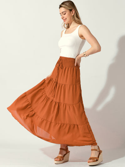 Smocked Elastic Waist Tiered A-Line Maxi Skirt