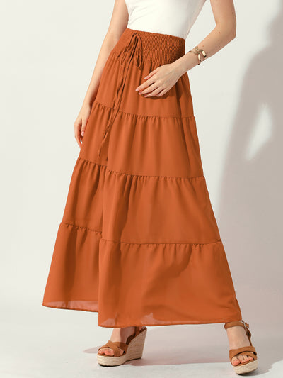 Smocked Elastic Waist Tiered A-Line Maxi Skirt