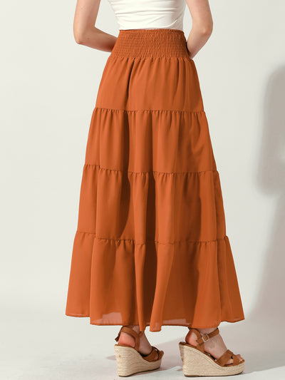 Smocked Elastic Waist Tiered A-Line Maxi Skirt