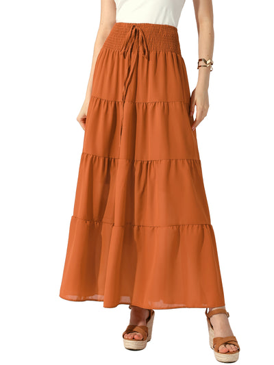 Smocked Elastic Waist Tiered A-Line Maxi Skirt