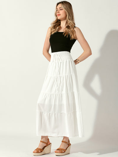 Allegra K Smocked Elastic Waist Tiered A-Line Maxi Skirt