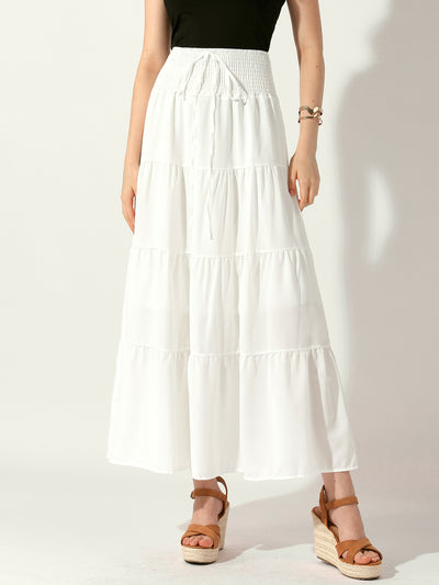 Smocked Elastic Waist Tiered A-Line Maxi Skirt