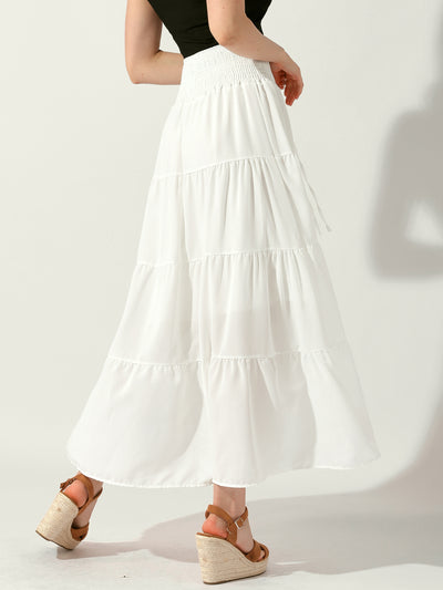 Smocked Elastic Waist Tiered A-Line Maxi Skirt