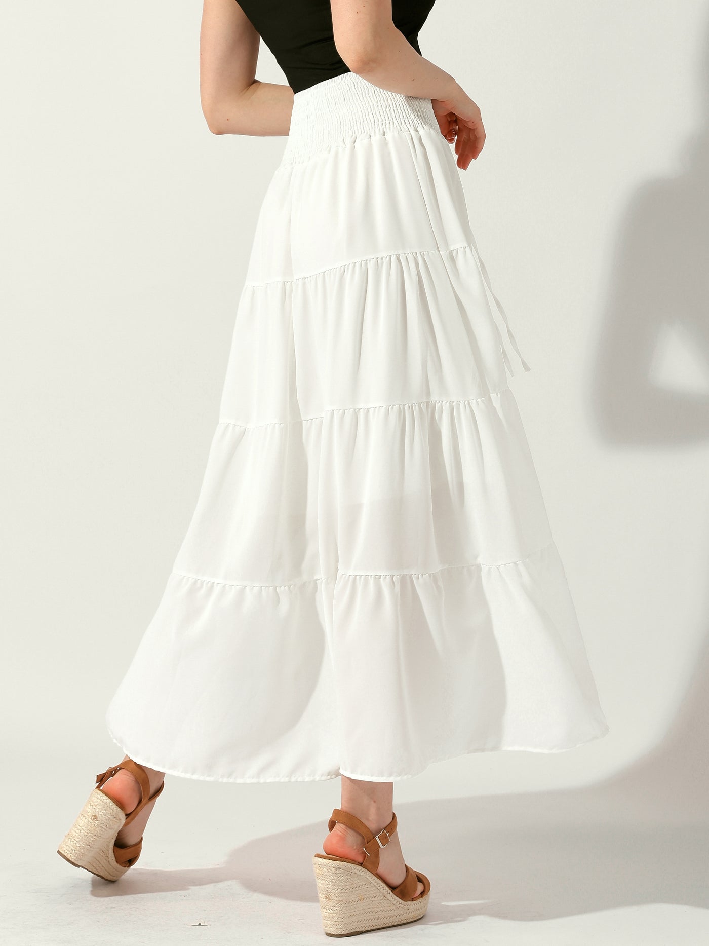 Allegra K Smocked Elastic Waist Tiered A-Line Maxi Skirt