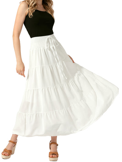 Smocked Elastic Waist Tiered A-Line Maxi Skirt