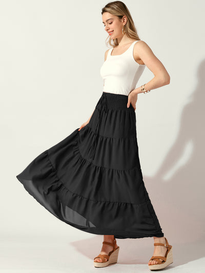 Smocked Elastic Waist Tiered A-Line Maxi Skirt