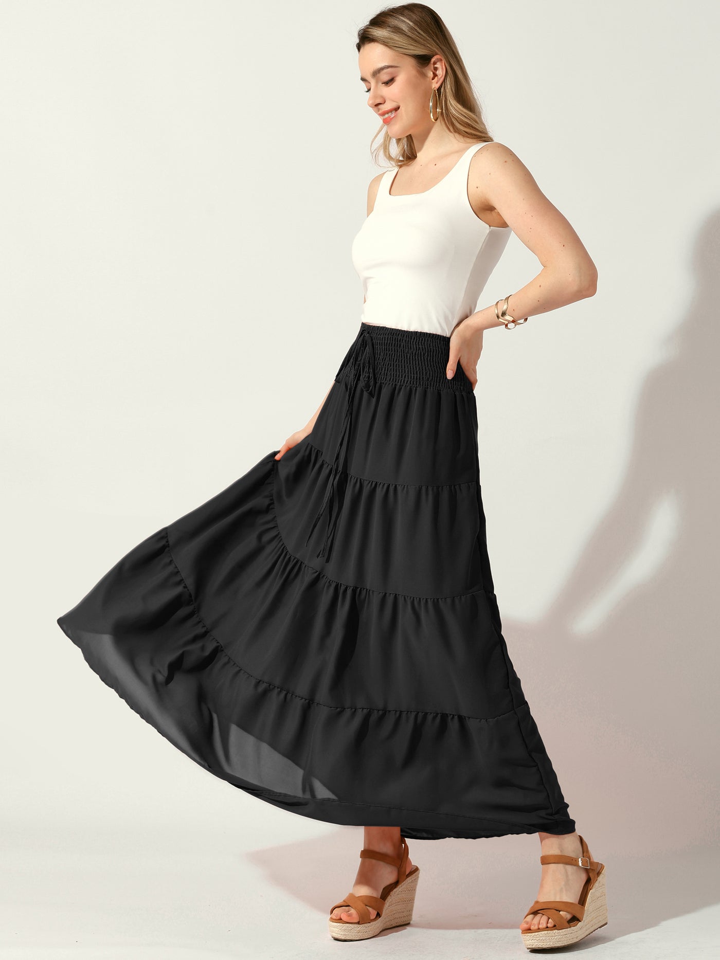 Allegra K Smocked Elastic Waist Tiered A-Line Maxi Skirt