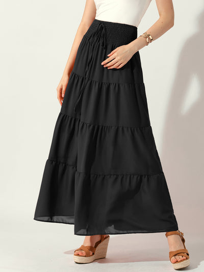 Smocked Elastic Waist Tiered A-Line Maxi Skirt