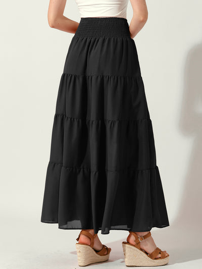 Smocked Elastic Waist Tiered A-Line Maxi Skirt