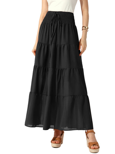 Smocked Elastic Waist Tiered A-Line Maxi Skirt