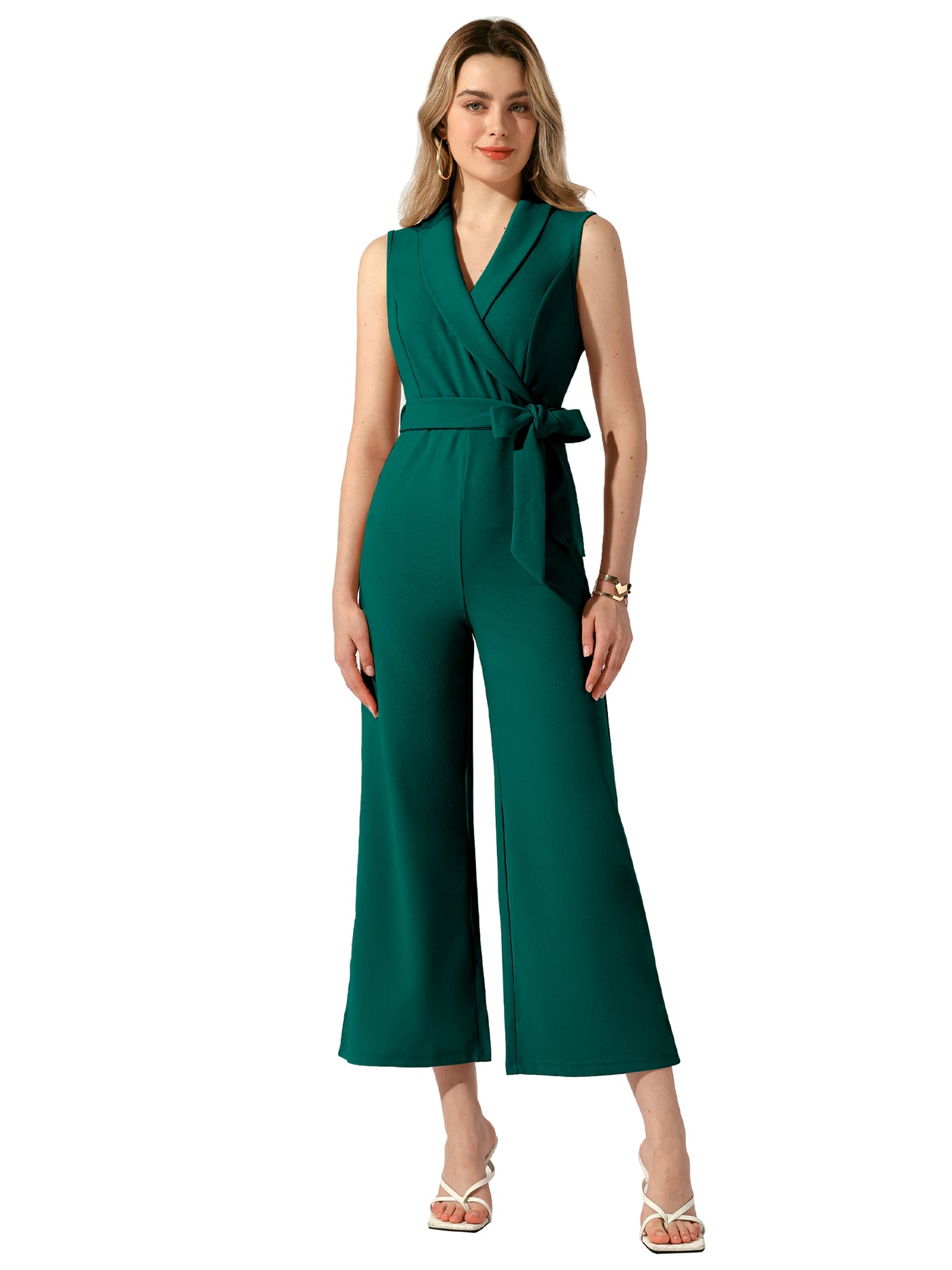 Allegra K Shawl Collar Sleeveless Belted Wide Leg Office Work Jumpsuit