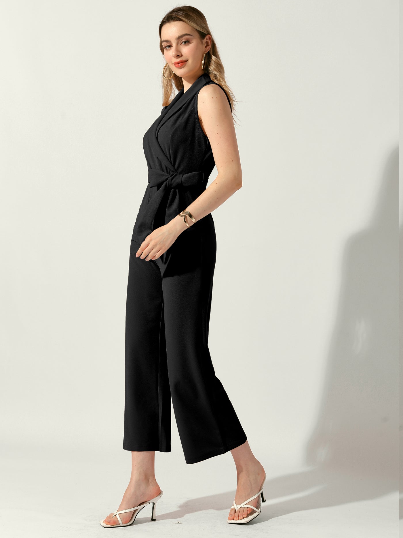 Allegra K Shawl Collar Sleeveless Belted Wide Leg Office Work Jumpsuit