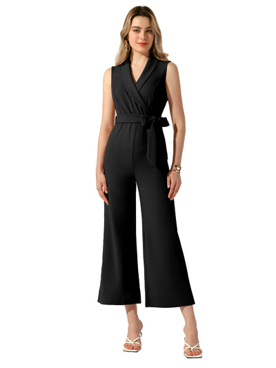 Shawl Collar Sleeveless Belted Wide Leg Office Work Jumpsuit