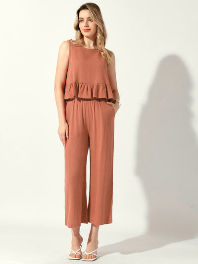 Allegra K 2 Piece Linen Ruffle Sleeveless Cropped Top & Solid Pants Trousers
