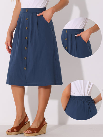 Button Decor Pleated A-Line Pockets Midi Skirt