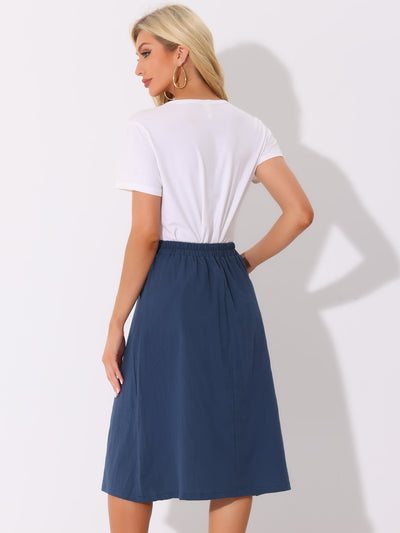 Button Decor Pleated A-Line Pockets Midi Skirt