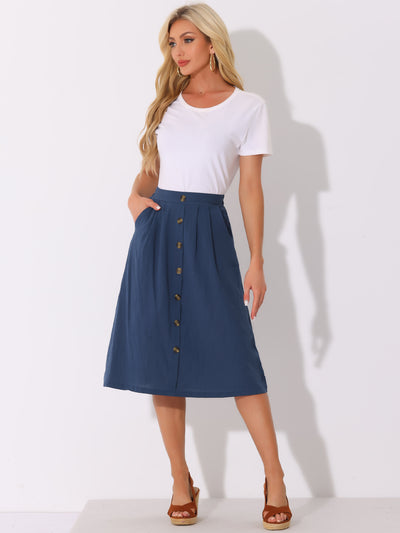 Button Decor Pleated A-Line Pockets Midi Skirt