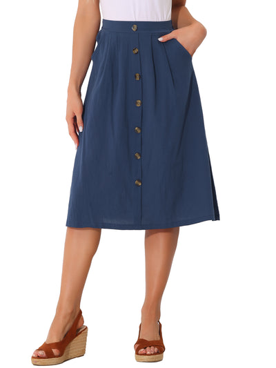 Button Decor Pleated A-Line Pockets Midi Skirt