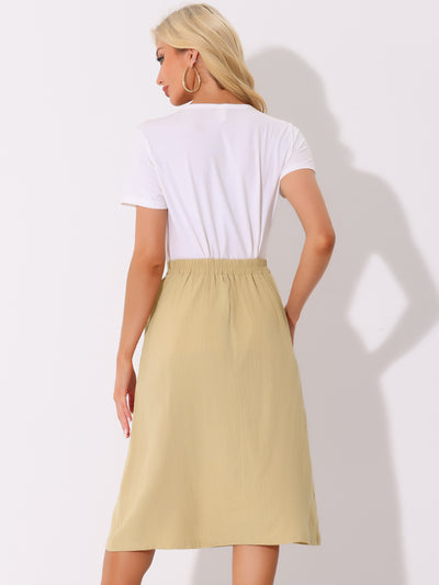 Button Decor Pleated A-Line Pockets Midi Skirt