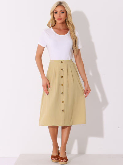 Button Decor Pleated A-Line Pockets Midi Skirt