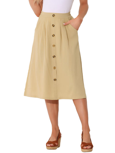 Button Decor Pleated A-Line Pockets Midi Skirt