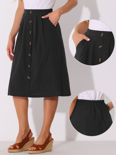 Button Decor Pleated A-Line Pockets Midi Skirt