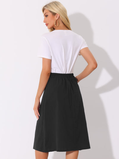 Button Decor Pleated A-Line Pockets Midi Skirt