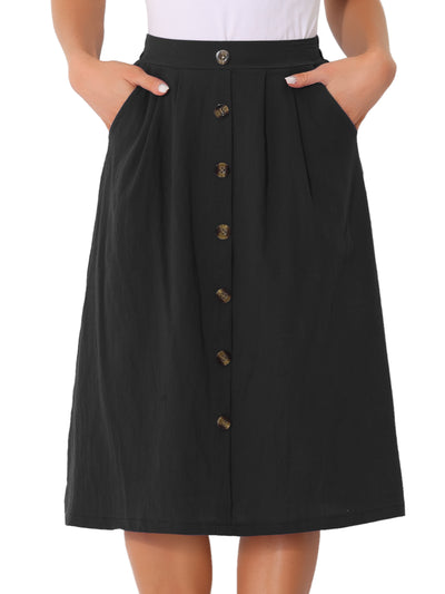 Button Decor Pleated A-Line Pockets Midi Skirt