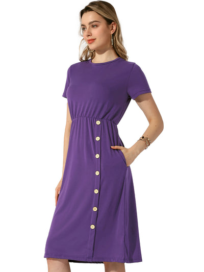 Crew Neck Short Sleeve Button Decor Midi Dress