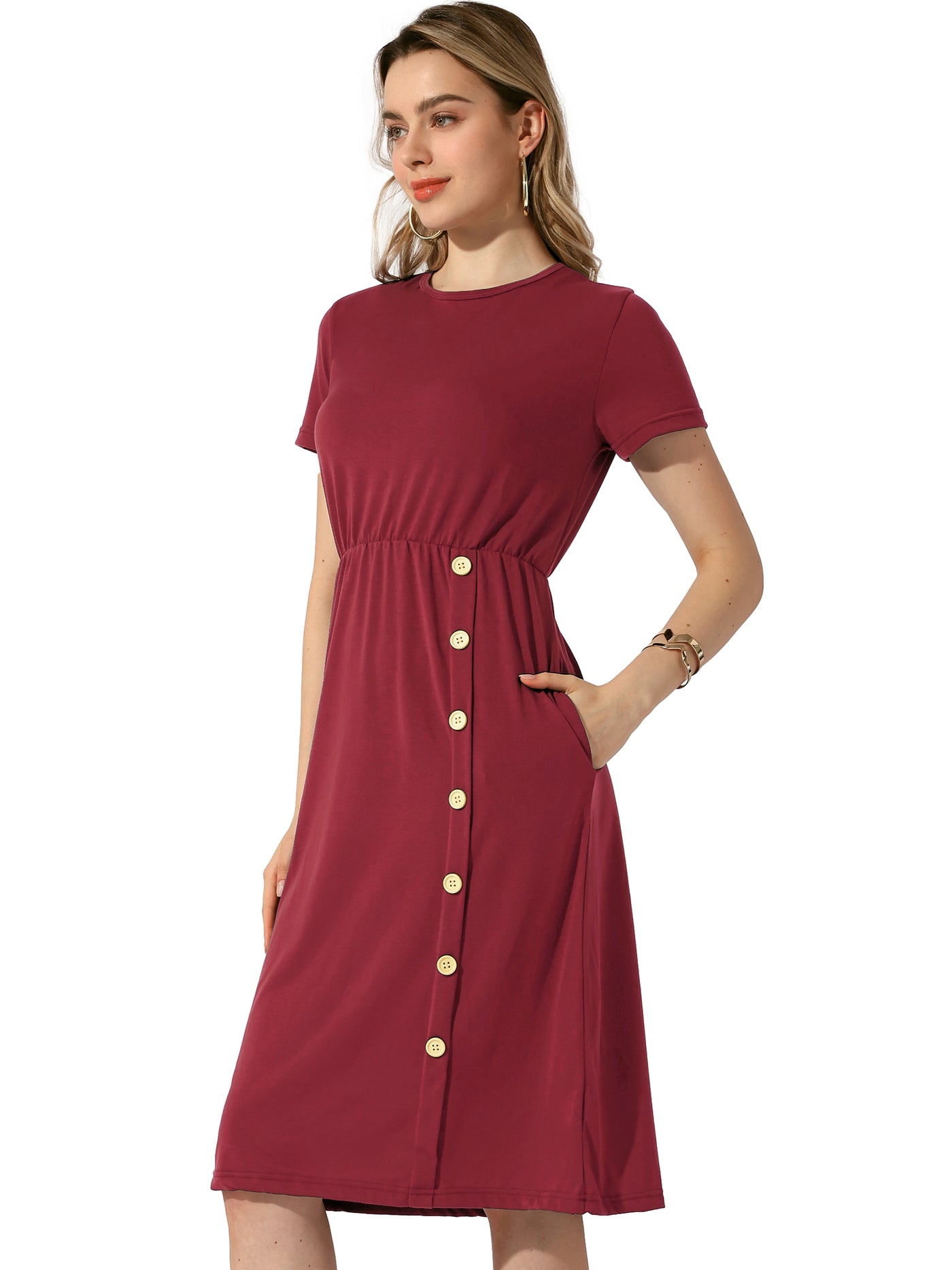 Allegra K Crew Neck Short Sleeve Button Decor Midi Dress