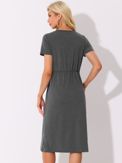 Crew Neck Short Sleeve Button Decor Midi Dress