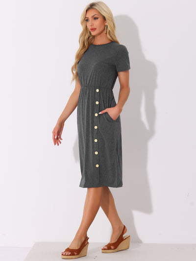 Crew Neck Short Sleeve Button Decor Midi Dress