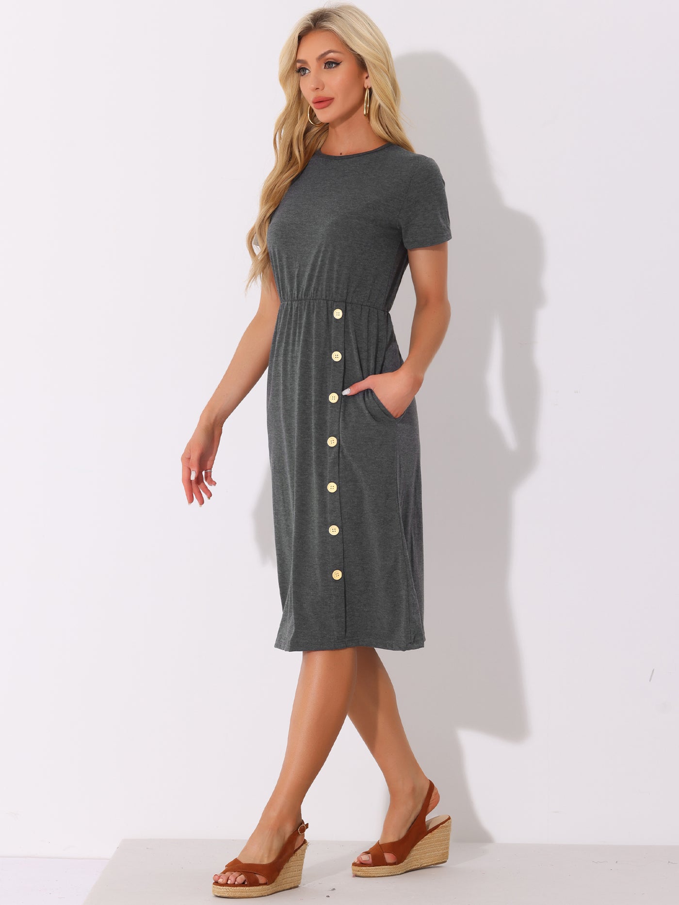 Allegra K Crew Neck Short Sleeve Button Decor Midi Dress