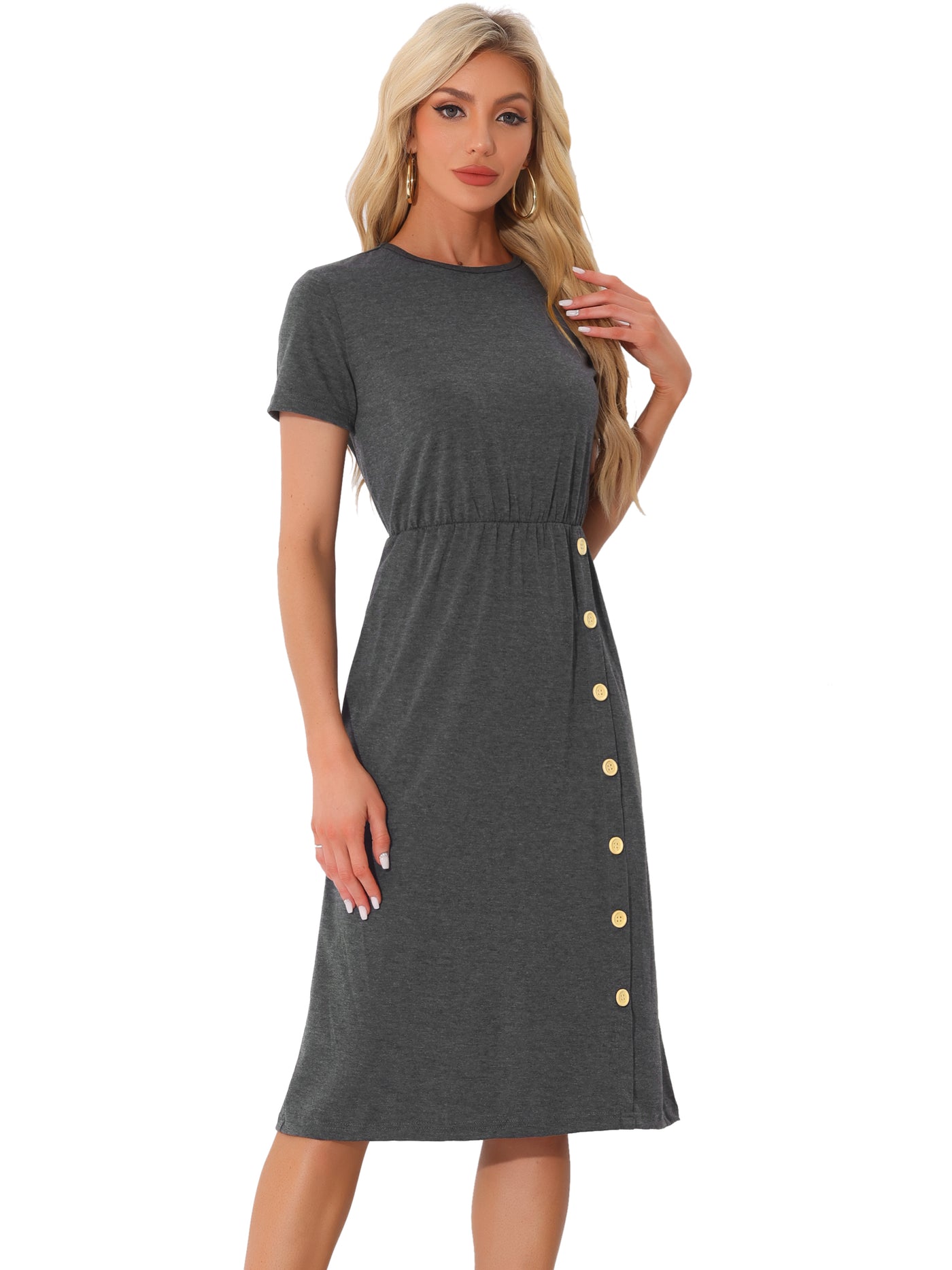 Allegra K Crew Neck Short Sleeve Button Decor Midi Dress