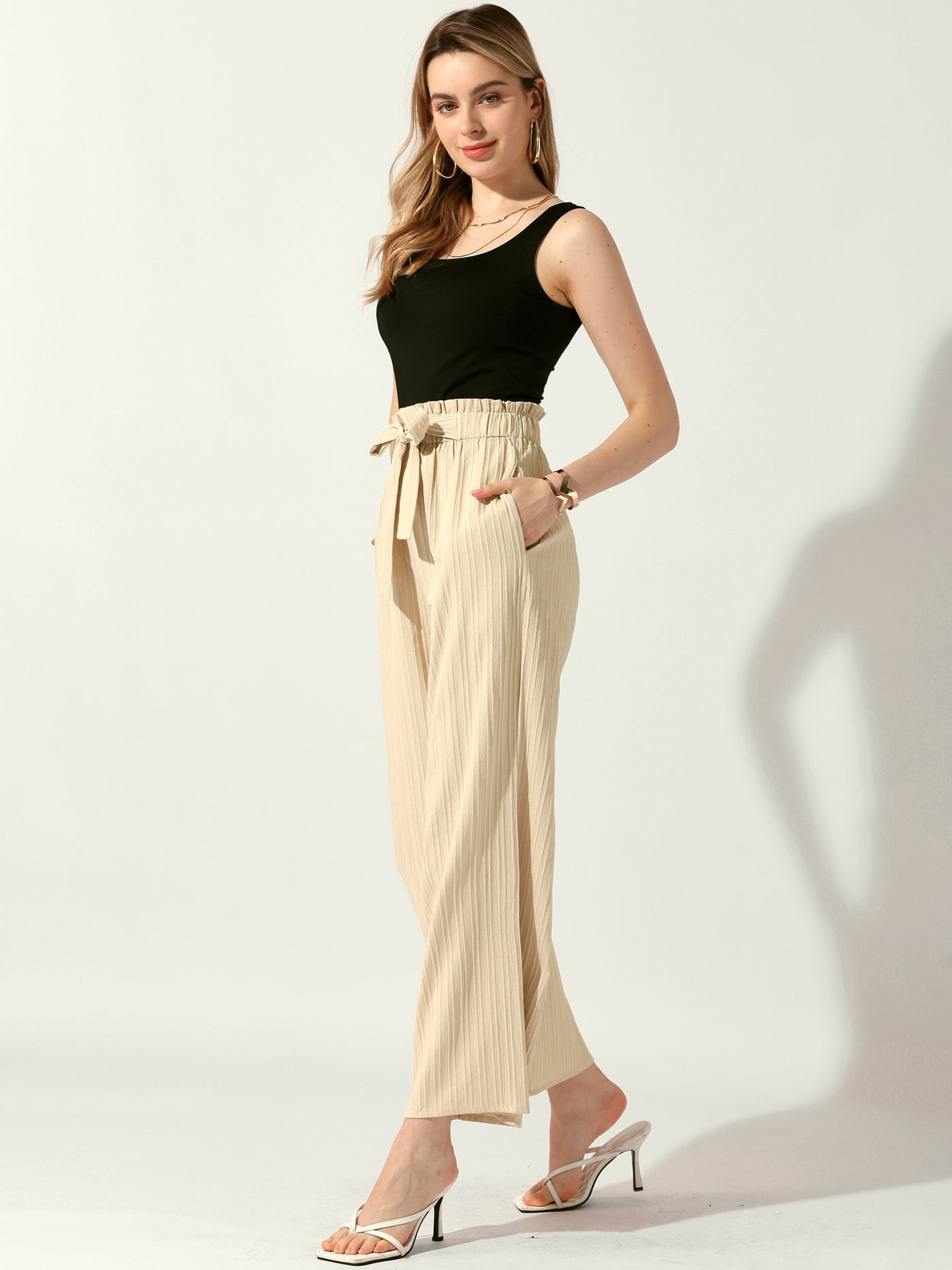 Allegra K Pockets Tie Knot High Waist Textured Palazzo Trousers Wide Leg Pants