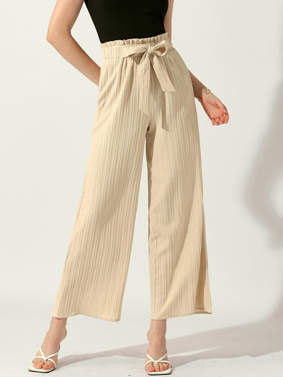 Pockets Tie Knot High Waist Textured Palazzo Trousers Wide Leg Pants