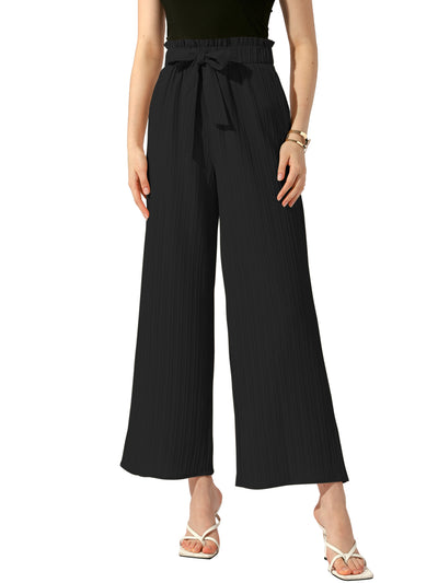 Pockets Tie Knot High Waist Textured Palazzo Trousers Wide Leg Pants