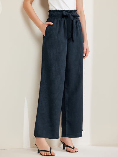 Pockets Tie Knot High Waist Textured Palazzo Trousers Wide Leg Pants